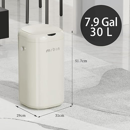MRBIN Adsorption Metal Kitchen Motion Sensor Trash Can Removable, 30L / 7.9gal Automatic Absorbing Bag Lidded Garbage Bin with Wheels, Commercial Waste Basket for Office and Bedroom, Bathroom, White