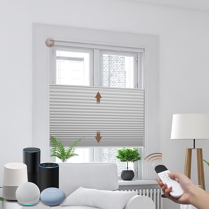 Godark Motorized TDBU Cellular Shades with Remote Control Smart Honeycomb Blinds Compatible with Alexa Google Home Smarthings Custom Double Cellular Blackout for Indoor Windows Doors-White