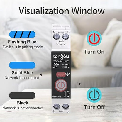 TONGOU DIY 1P+N Smart Wi-Fi Switch, Work with Alexa and Google Assistant for Voice Control, 20A with Energy Monitor, Smart Life/Tuya APP Remote Control, Timer Functions, DIN Rail Mounted,FCC Certified