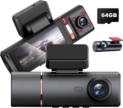 ChannelsTriple 3-in-1 Dash Cam | 4K Front, 1080P Interior & 1080P Rear Camera | with Wi-Fi Dashboard Camera | Parking Surveillance | Loop Recording | 64GB Card Included | Compatible with All Vehicles