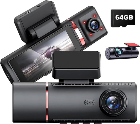 ChannelsTriple 3-in-1 Dash Cam | 4K Front, 1080P Interior & 1080P Rear Camera | with Wi-Fi Dashboard Camera | Parking Surveillance | Loop Recording | 64GB Card Included | Compatible with All Vehicles