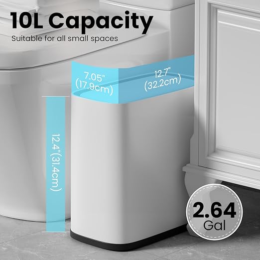 Bathroom Trash Can with Lid and Wheels, 10L/2.6 Gal Small Slim Garbage Can