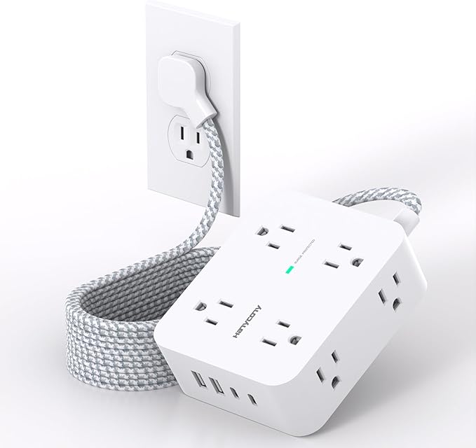 Extension Cord with Multiple Outlets, 10 Ft Ultra Thin Flat Plug 8 Outlets 4 USB Ports(2USB C), White