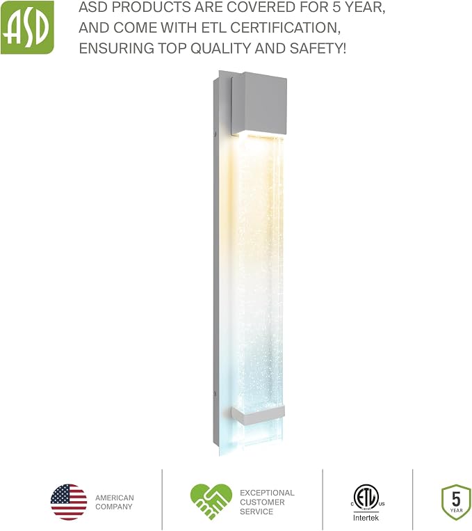 ASD LED 24" Bubble Glass Wall Light Fixture, Outdoor & Indoor Seeded Sconce | 3CCT, Waterproof, Dimmable, ETL Listed | 20W 600LM 3000-5000K 100-277V | Exterior Lantern, Porch Lighting | White