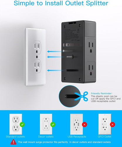 One Beat Surge Protector Wall Outlet Extender, 5 Outlets & 4 USB Ports (2 USB-C), 1680J, 3-Sided Multi Plug Outlet Adapter, Outlet Splitter, Wall Mount, ETL Listed for Home Office Travel-Black