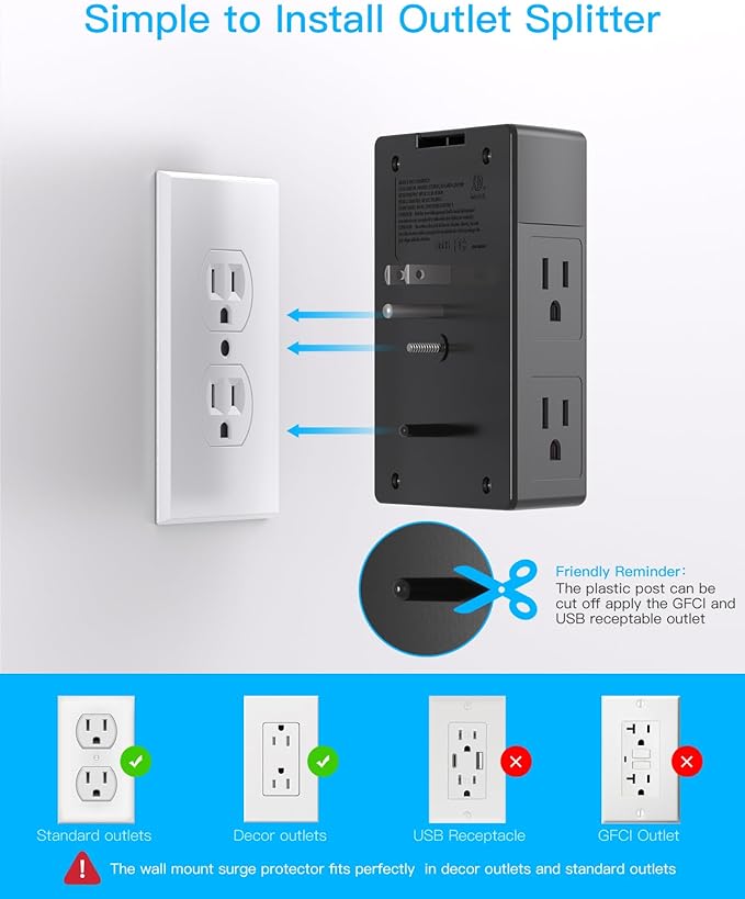One Beat Surge Protector Wall Outlet Extender, 2 Pack 5 Outlets & 4 USB Ports (2 USB-C), 1680J, 3-Sided Multi Plug Outlet Adapter, Outlet Splitter, Wall Mount, ETL Listed for Home Office Travel-Black