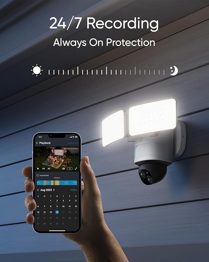 eufy Security Floodlight Camera E340 Wired,360° Pan and Tilt,24/7 Recording,Dual-Band Wi-Fi, 2,000 Lumens,Motion-Activated,Dual Camera,HomeBase 3 Compatible,Local Storage,No Monthly Fee (Renewed)