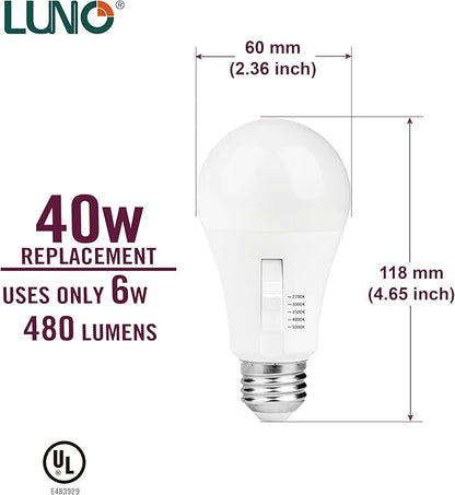 LUNO A19 Dimmable LED Bulb, 6W (40W Equivalent), 480 Lumens, 2700K, 3000K, 3500K, 4000K, 5000K, Color Selectable, 5CCT, UL Listed (4-Pack)