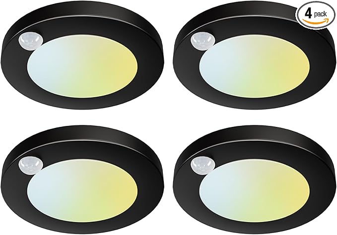 4 Inch Field Selectable 5CCT Black LED Motion Sensor Ceiling Light, 120V Wired Closet Light, 10 Watts, 600Lm, CRI80+, Non-dimmable, ETL Certified, Wet Location, Round, 4 Packs