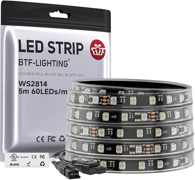 BTF-LIGHTING WS2814 IC RGBW RGB+Warm White UL Listed,DC24V 16.4FT 60LED/m | 10pixel/m,(Similar WS2812B),Addressable4 Colors in 1 Dream Color LED Strip IP67 for Home Decor(No Adapter or Controller)