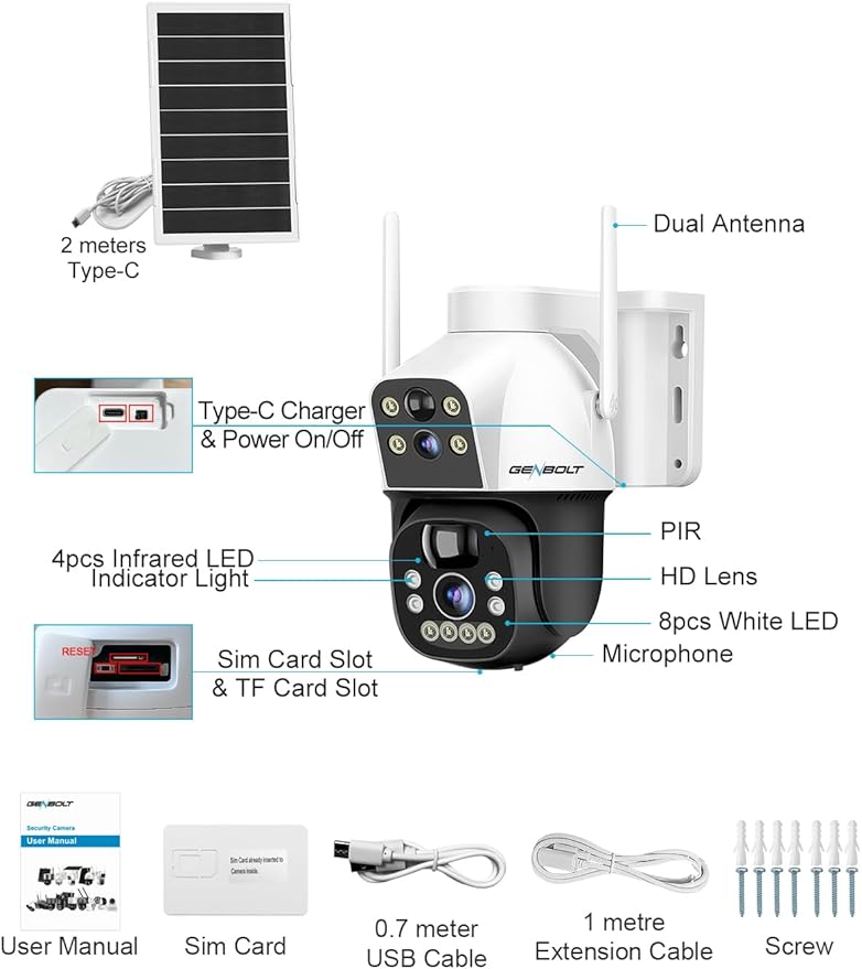 GENBOLT 4G AOV Cellular Solar Security Camera Outdoor Wireless, 7/24 Recording 3MP+3MP No WiFi IP Surveillance Camera with Sim Card, 8W 15600mAh Battery Operated LTE Camera CCTV