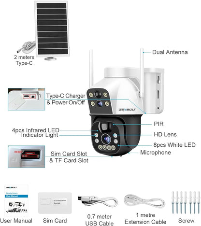 GENBOLT 4G AOV Cellular Solar Security Camera Outdoor Wireless, 7/24 Recording 3MP+3MP No WiFi IP Surveillance Camera with Sim Card, 8W 15600mAh Battery Operated LTE Camera CCTV