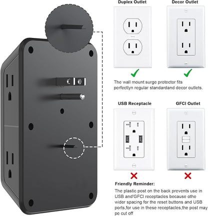 JcBlaon 3 Pack Outlet Extender Surge Protector, 6 Outlet Splitter with 4 USB Ports (2 USB C),1050J 3-Sided Multi Plug Wall Outlet, USB Wall Charger for Home Office Kitchen Travel（Black）-ETL