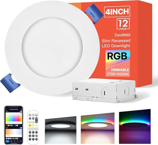 12Pack Smart RGB Recessed Lighting 4Inch,Ultra-Thin Canless LED Downlight,2.4GHz Wi-Fi Bluetooth, 2700K-6500K, 9W 810LM,Work with Tuya App,Alexa,Google Assistant,Sync Music