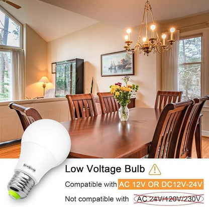 E26 12V LED Bulb 60W Equivalent E26/E27 Base 12-24V AC/DC 600Lm Cool White 6000K 6W LED Durable for Low Voltage Off-Grid Solar Battery Systems, RV, Marine Lighting - 4 Pack
