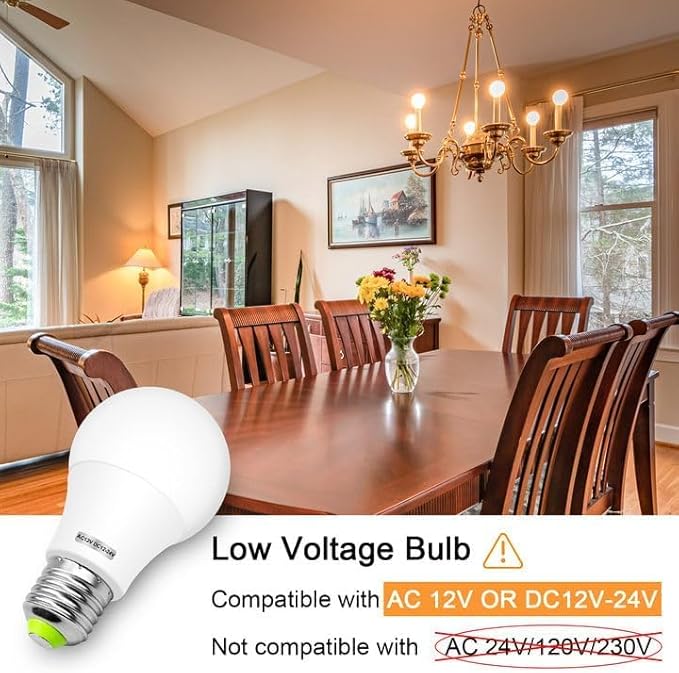 E26 12V LED Bulb 60W Equivalent E26/E27 Base 12-24V AC/DC 600Lm Warm White 2700K 6W LED Durable for Low Voltage Off-Grid Solar Battery Systems, RV, Marine Lighting - 4 Pack