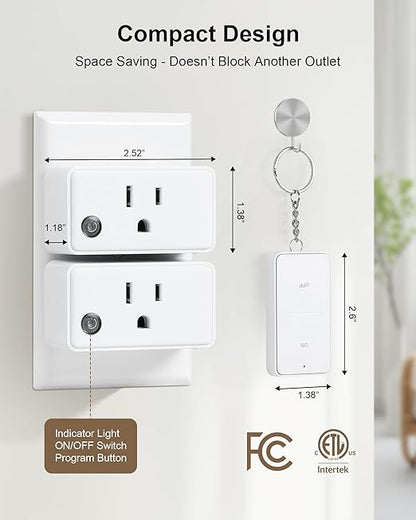 Remote Control Outlet with 2 Remotes, 200 FT Long Range Wireless Light Switch, 15A/1875W High-Power Electrical Outlet Switch for Lamps, Lights, Household Appliances, FCC & ETL Listed