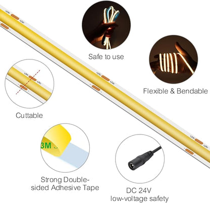 32.8FT COB LED Strip Light 24V 3000K RA90+ Flexible High Bright Dimmable LED Tape, 8mm Width Strip Light with 3840 LEDs for Home Indoor Lighting Decor (Without Power Supply or Adapter)