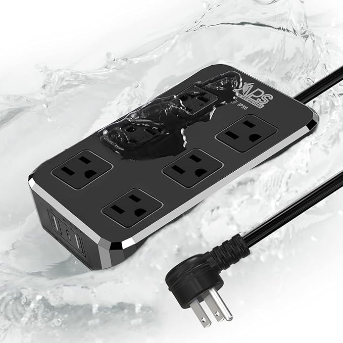Qiyuan Outdoor Power Strip Weatherproof, 6 Outlet 3 USB 6FT Extension Cord