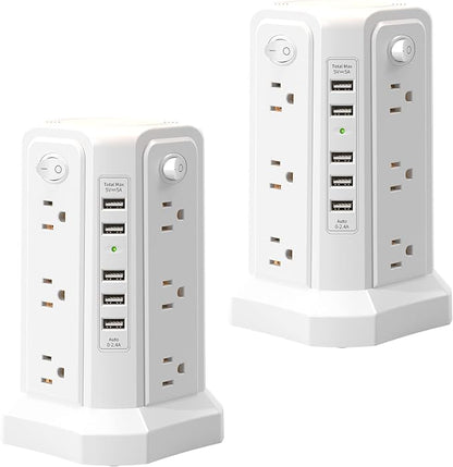 Surge Protector Power Strip Tower with 5 USB Ports and Night Light, 10FT Extension Cord with 12 AC Multiple Outlets, PASSUS Power Tower, Overload Protection for Home Office Dorm Room (2PC-White)