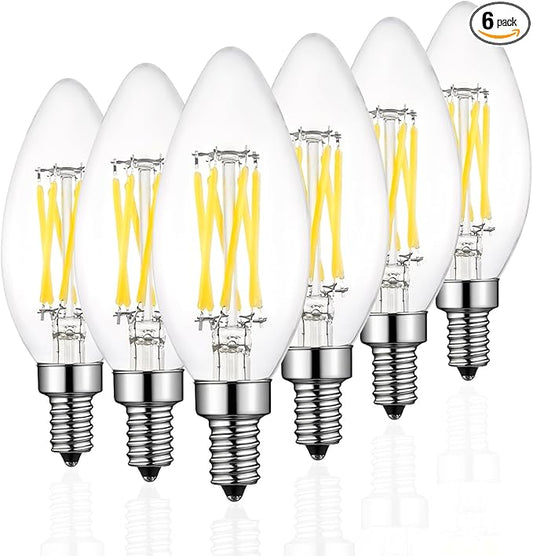 Type B/B11 E12 LED Filament Bulb, 6W/60W Equivalent 5000K Cool White – Clear Glass, Dimmable, Ideal for Chandeliers, Ceiling Fans & Modern Lighting, 6-Pack