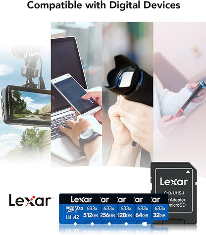 Lexar High-Performance 633x 64GB microSDXC UHS-I Card w/ SD Adapter, C10, U3, V30, A1, Full-HD & 4K Video, Up To 100MB/s Read, for Smartphones, Tablets, and Action Cameras (LSDMI64GBBNL633A)