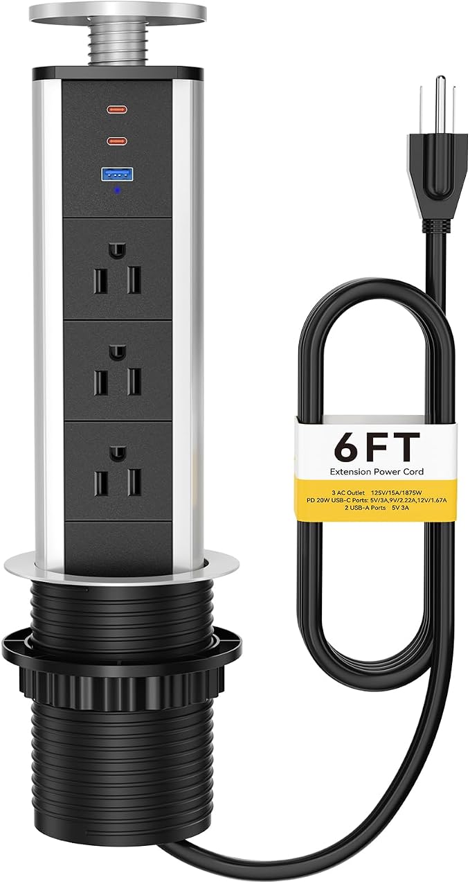 Pop Up Outlet for Countertop, Pop Up Socket with 3 AC Outlets and 2 PD 20W USB-C & 1 USB-A Ports, Pull Pop Up Power Outlet for Kitchen Conference Office, 3-3/8 Inch(85MM) Hole Grommet Power Strip