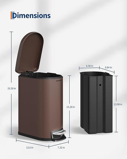 GarveeHome 13 Gal & 2.6 Gal Trash Can Combo Set, Kitchen Trash Can and Bathroom Trash Bin with Lid, Step-On Rustproof Garbage Bin with Inner Bucket, Brown