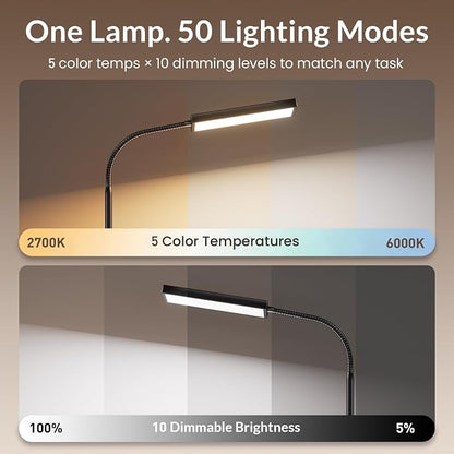 LEPOWER Desk Lamp, 800LM LED for Home Office, True Eye-Caring for Reading | 50 Lighting Modes, 2X Wider Panel, 360° Flexible Gooseneck, Touch Control, 12W Bright Table Lamp for Dorm, Bedroom, Study