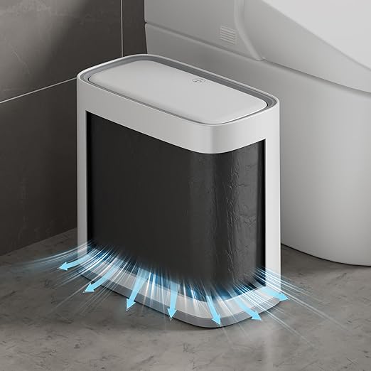 Slim Bathroom Trash Can with Lid and Wheels, 2.1 Gallon Small Garbage Can - Air-Press Bag Expander, Inner Bucket, Odor & Pet Proof, Press Top, Plastic Trash bin for Kitchen, Office, Bedroom,Toilet, RV