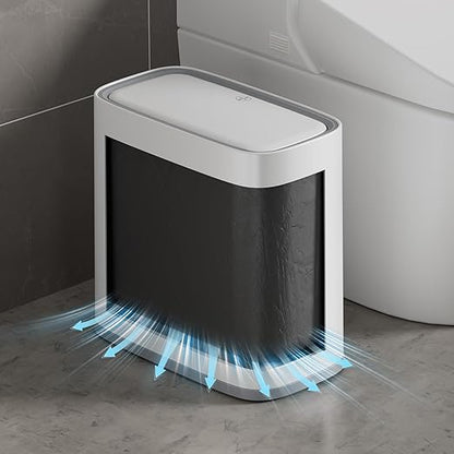Slim Bathroom Trash Can with Lid and Wheels, 2.1 Gallon Small Garbage Can - Air-Press Bag Expander, Inner Bucket, Odor & Pet Proof, Press Top, Plastic Trash bin for Kitchen, Office, Bedroom,Toilet, RV