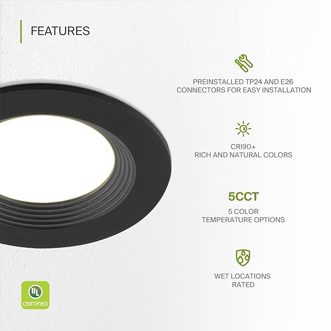 ASD Black 4 Inch Retrofit LED Recessed Light - 9W 2700K-5000K 700LM Retrofit LED Recessed Lighting 4 Inch, Dimmable Black Recessed Lights, Wet Rated Baffle Trim Can Lights, UL