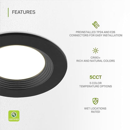 ASD Black 4 Inch Retrofit LED Recessed Light - 9W 2700K-5000K 700LM Retrofit LED Recessed Lighting 4 Inch, Dimmable Black Recessed Lights, Wet Rated Baffle Trim Can Lights, UL