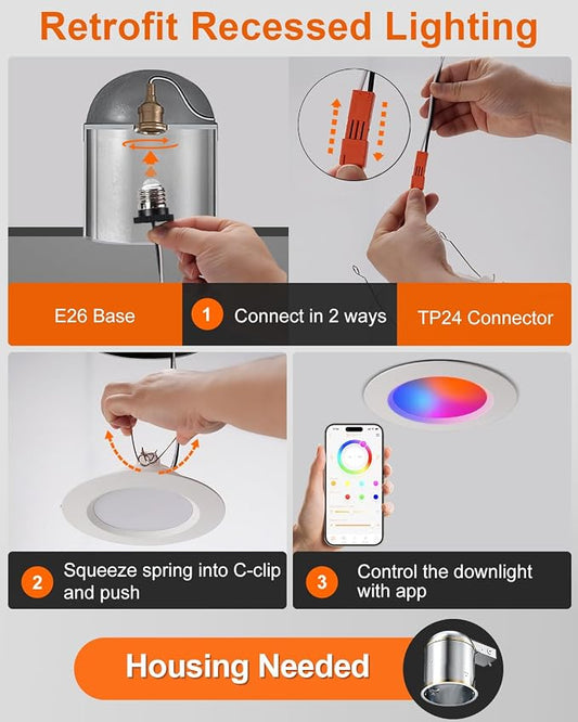 DUSKTEC Recessed Lighting 6 Inch,Smart Color Changing LED Can Light,1050LM | Compatible with Alexa, 32 Modes, 9 Scenes, Timer, CRI 90, 13W Retrofit Recessed Ceiling Light, Voice and APP Control