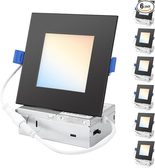 HONZIN 6 Pack 6 Inch Square LED Recessed Lighting, 5CCT Ultra-Thin LED Ceiling Lights, 2700K/3000K/3500K/4000K/5000K Selectable, 13W, IC Rated, Dimmable Black Square Trim with Junction Box