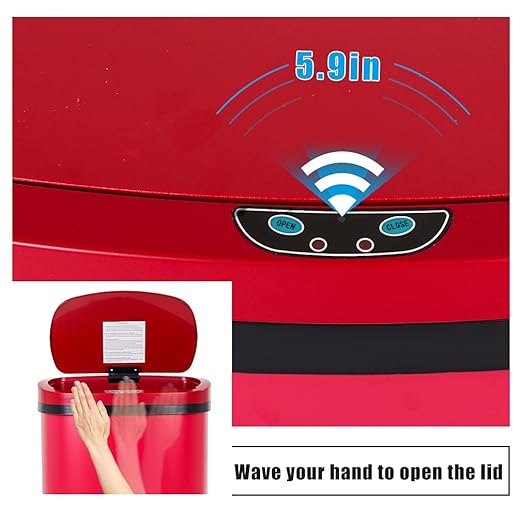 13 Gallon 50 Liter Garbage Can Kitchen Trash Can with Lid Automatic Sensor Touch Free Stainless Steel Waste Bin for Bathroom Bedroom Home Office,Red