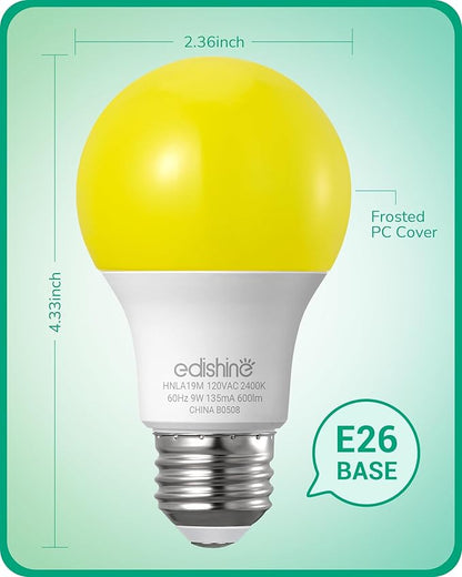EDISHINE A19 Yellow Light Bulbs, 9W(60W Equivalent), 600LM 2400K Amber Glow Outdoor Bug Light Bulbs, Non-Dimmable, E26 Medium Base, UL Listed, 8 Pack