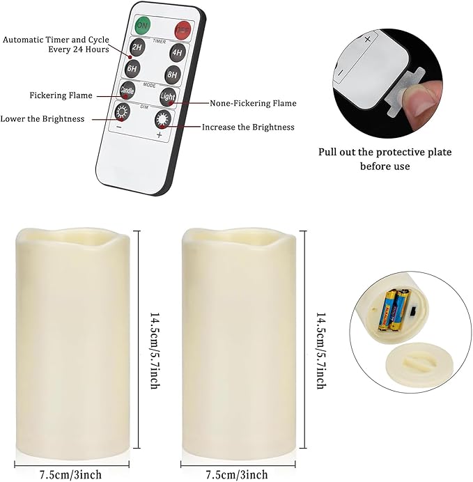 Flameless Candles 4" 5" 6" Outdoor Indoor Pillars Battery Operated Flickering Candles Include 10-Key Remote Timer 400+ Hours by 2 AA Batteries (Ivory Candle - Warm light, 3"D x 6" H - 12 Pack)