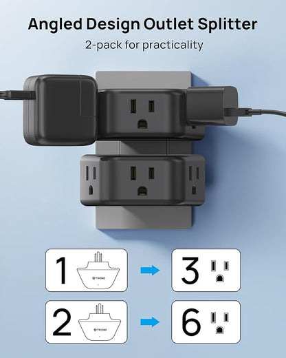 TROND 360 Rotating Plug Outlet Extender for Bathroom Kitchen, 2 Pack | Wall Plug Adapter with 3 Grounded Sockets, No Blocking with 3 Way Angled Design, Small Outlet Splitter for Home Office, Black