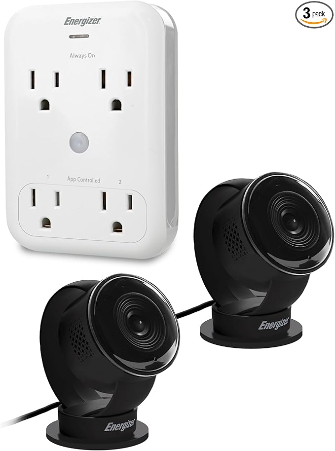 Energizer Smart Wi-Fi Indoor Camera 2-Pack with Smart Wall Tap Outlets, 1080P, Cloud/Micro-SD Card Recording, 2-Way Audio, Night Vision, Remote Access, Motion Alerts, Activity Zones, 2.4GHz Wi-Fi