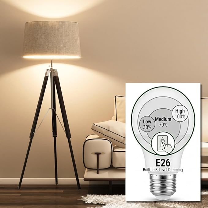 KEIVO A19 3-Level Brightness, Adjustable via Standard Switch(Not for 3-Way Sockets), 100W/70W/30W Equivalent, Soft White 2700K, 12W/9W/3W, E26 Base, Frosted, 4-Pack
