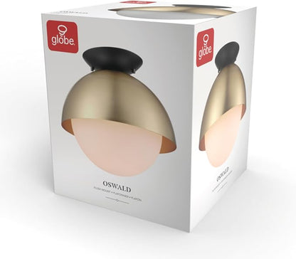 Globe Electric 60320 1-Light Flush Mount Ceiling Light, Matte Brass, Black Accent Canopy, Frosted Glass Shade, Modern Lighting for Kitchen Island, Bedroom or Dining Room, Home Decor