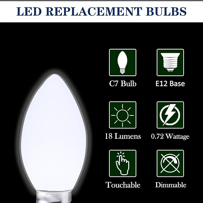 C7 Cool White LED Bulbs Dimmable Christmas Lights, 25 Pack, 0.72W Indoor/Outdoor, Waterproof, Night Light, E12 Base, IP65
