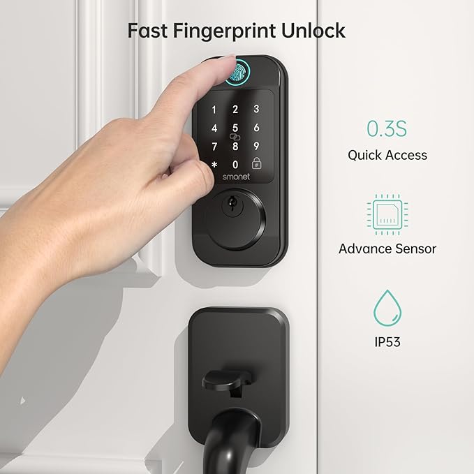 SMONET Smart Front Door Lock Set - Fingerprint Keyless Entry Door Lock Deadbolt with Handle Set Smart WiFi Deadbolt, Digital Keypad Auto Lock App Remote Control Compatible with Alexa, Black