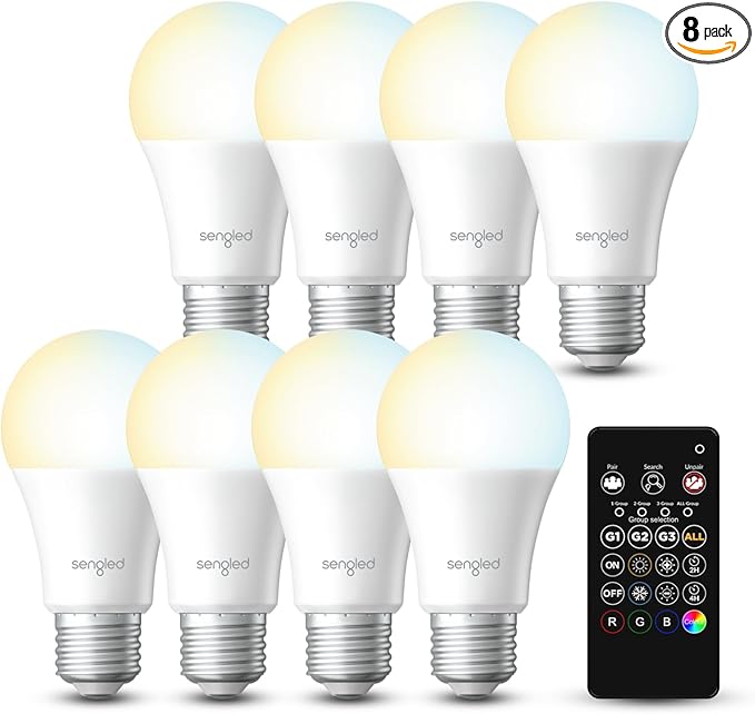 Sengled Dual Mode Smart Light Bulbs Remote/ APP Controlled, Turnable White LED Bulbs 2700K-6500K, Group control, Timer, Sunrise & Sunset (8 Pack + 1 Remote,No Support Alexa & Google)