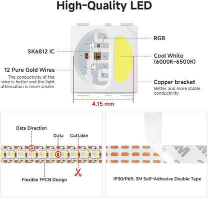 BTF-LIGHTING RGB+Cool White SK6812 LED Strip 3.28FT 144LED IP65 DC12V | RGBW Individually Addressable UL Listed 4 Colors in 1 Light (Similar WS2812B) White PCB(No Adapter or Controller)