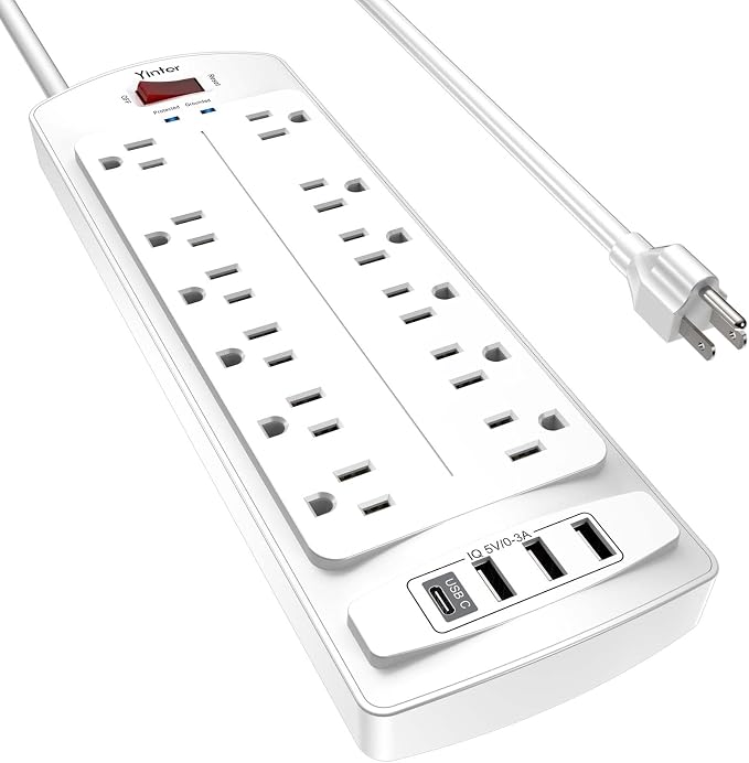 Yintar 6Ft Surge Protector Power Strip with 12 Outlets and 4 USB Ports | 6 Feet Flat Plug Extension Cord with Multiple Outlets for Home, Office, Dorm Essentials, 2700 Joules, ETL, White