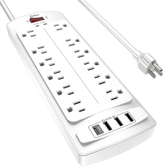 Yintar 6Ft Surge Protector Power Strip with 12 Outlets and 4 USB Ports | 6 Feet Flat Plug Extension Cord with Multiple Outlets for Home, Office, Dorm Essentials, 2700 Joules, ETL, White