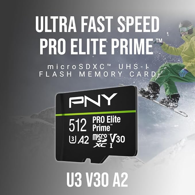 PNY 512GB PRO Elite Prime™ C10 U3 V30 A2 microSDXC Flash Memory Card – Ultra-Fast Speeds, Read 200MB/s, Write 150MB/s, 4K UHD, Full HD, UHS-I, for Smartphones, Drones, Action Cameras