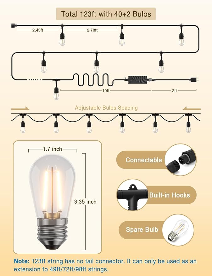 XMCOSY+ Outdoor String Lights, 123FT Smart Dimmable Edison Bulb Patio Light | Smart App & Voice Control LED String Lights, Custom Schedules, Dimming, Warm White Light for Outside, Yard,Porch, Warerproof